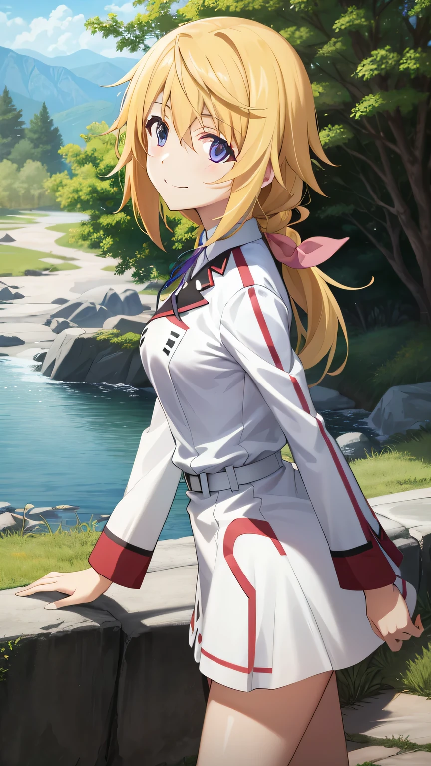 {{{masterpiece}}}, (best quality:1.5), (ultra-detailed:1.5), {illustration}, {{an extremely delicate and beautiful}}, (beautiful detailed eyes:1.6), absurdres, highres, extremely detailed face, 16k, hd, visual anime de uma jovem mulher, extremamente bonito rosto de anime, anime melhor garota, (perfect hands, perfect anatomy), anime face, sd1, charlotte dunois(Infinite Stratos), 1girl, solo, cute face, long hair, blonde hair, pink hair ribbon, hair between eyes, (purple eyes:1.2), ponytail, yellow pendant, medium breasts, big hips, curvaceous, BREAK, {school uniform}, military uniform, (white military uniform:1.5), long sleeves, (white sleeves:1.5), blue neck ribbon, white belt, microskirt, white skirt, barefoot, BREAK, cute face, smiling, standing, lake, from above, outdoor, mountain, forest, flower garden, praying, mysterious, (bust shot:1.3), from side, from below