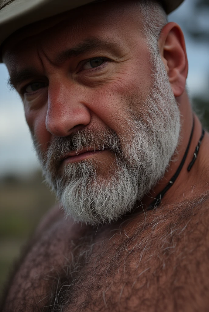 Naked tattooed old man, flexing biceps, sit on car, spread legs