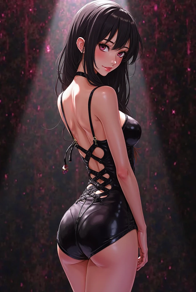 masterpiece, super detailed, high resolution, precision art, highly seductive anime girl. sexy and alluring, flawless dark red demonic skin, succubus, symmetrical face, beautiful olive eyes, flowing black hair, her very presence oozes seduction and allure, S-shaped body, black onyx colored horns jutting out her forehead, heart shaped tail protruding from her back, sexy and arousing slender and thin yet chiseled with enticing breasts, intricate and beautiful heart shaped tattoo engraved on her stomach, wearing spaghetti strap crop-top and form-fitting leggings that accentuate her round ass, hip-level shot