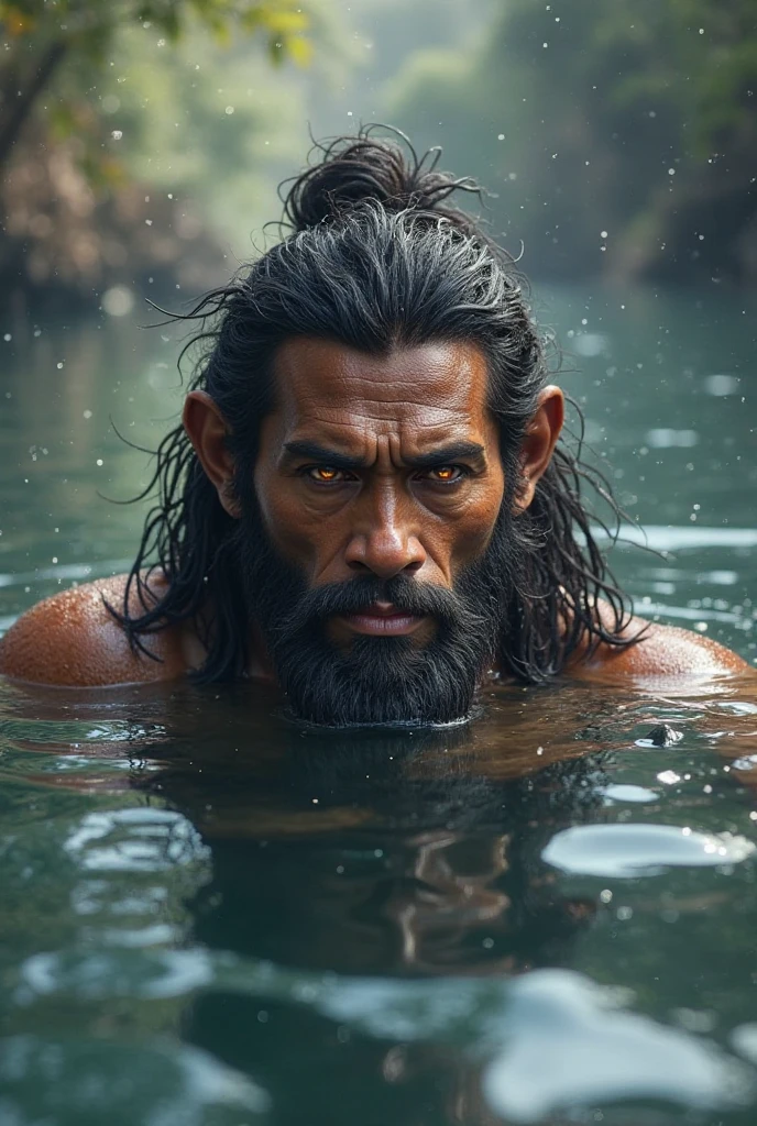 A man with a tail in the Amazon River, indigenous, masculine with striking features and strong.