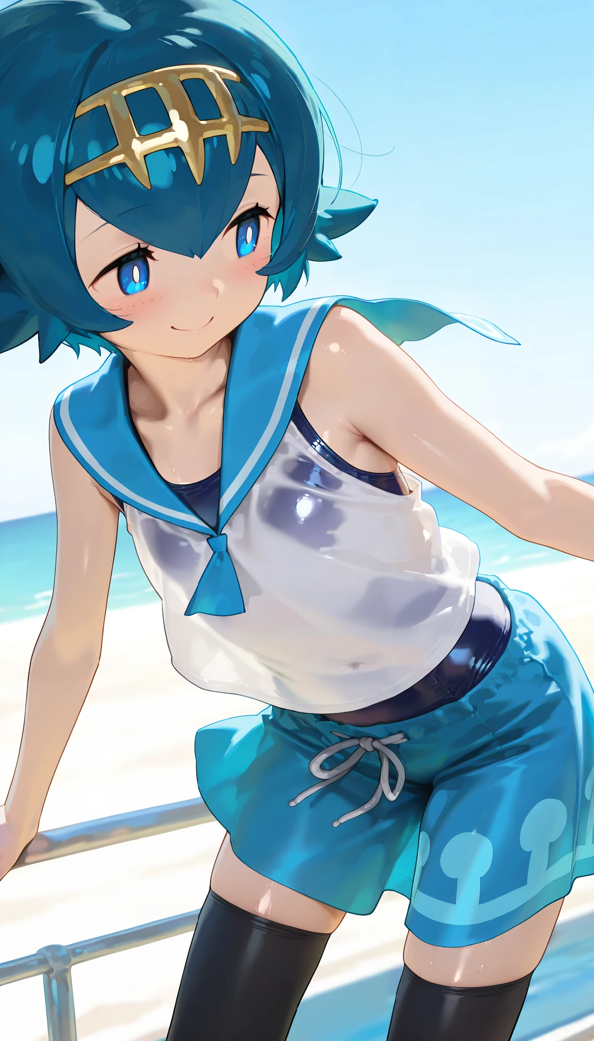 high resolution picture, masterpiece, best quality, amazing quality, solo, 1girl,lana,smile,flat chest,shiny skin,blush,black thighhighs, blue sailor collar, blue skirt, collarbone, one-piece swimsuit, pants, sailor collar, shirt, sleeveless, sleeveless shirt, swimsuit, swimsuit under clothes, thighhighs, white shirt,full-body shot,dynamic pose,dynamic angle,sea