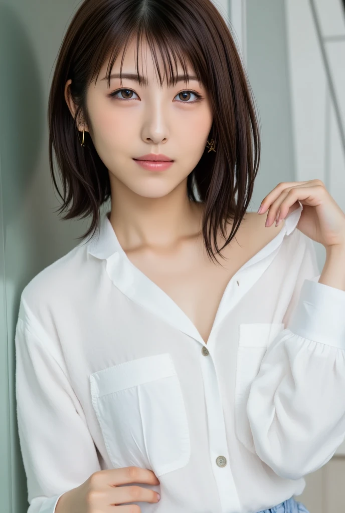 lens: 135mm f1.8,(Highest quality), (Beautiful 14 year old Japanese girl), (Moisturized lips), Narrow eyes, double eyelid,Delicate clavicle,Flat Chest,Very short hair,
(Let me me me me'Let me me me'Let me me'Let me'Let's take another look), shame, A faint smile,
(In front of a white wall:1.2), Professional Lighting,
(Japanese 、Sheer white T-shirt), (Sunburned skin:0.2),Full body photo、Full Body Focus、Sit upright in a chair、Beautiful legs、Aligned feet、Ecstasy face、Having an orgasm、Squint your eyes