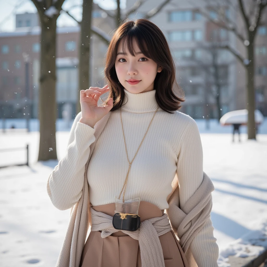 a girl,short hair,Wearing a red loose sweater,white pants,white scarf,长白Mountain景色,Mountain,white snow,Snowflakes are flying,Sunlight,outdoor,Full body frontal photo,FOG,hazy,