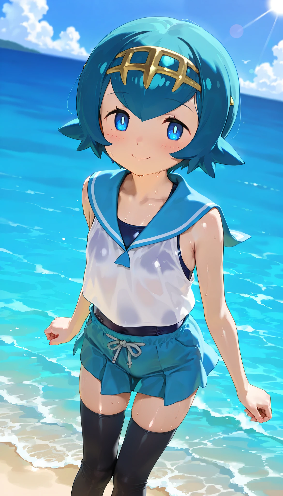 high resolution picture, masterpiece, best quality, amazing quality, solo, 1girl,lana,smile,flat chest,shiny skin,blush,black thighhighs, blue sailor collar, blue skirt, collarbone, one-piece swimsuit, pants, sailor collar, shirt, sleeveless, sleeveless shirt, swimsuit, swimsuit under clothes, thighhighs, white shirt,full-body shot,dynamic pose,dynamic angle,sea,hair ornament