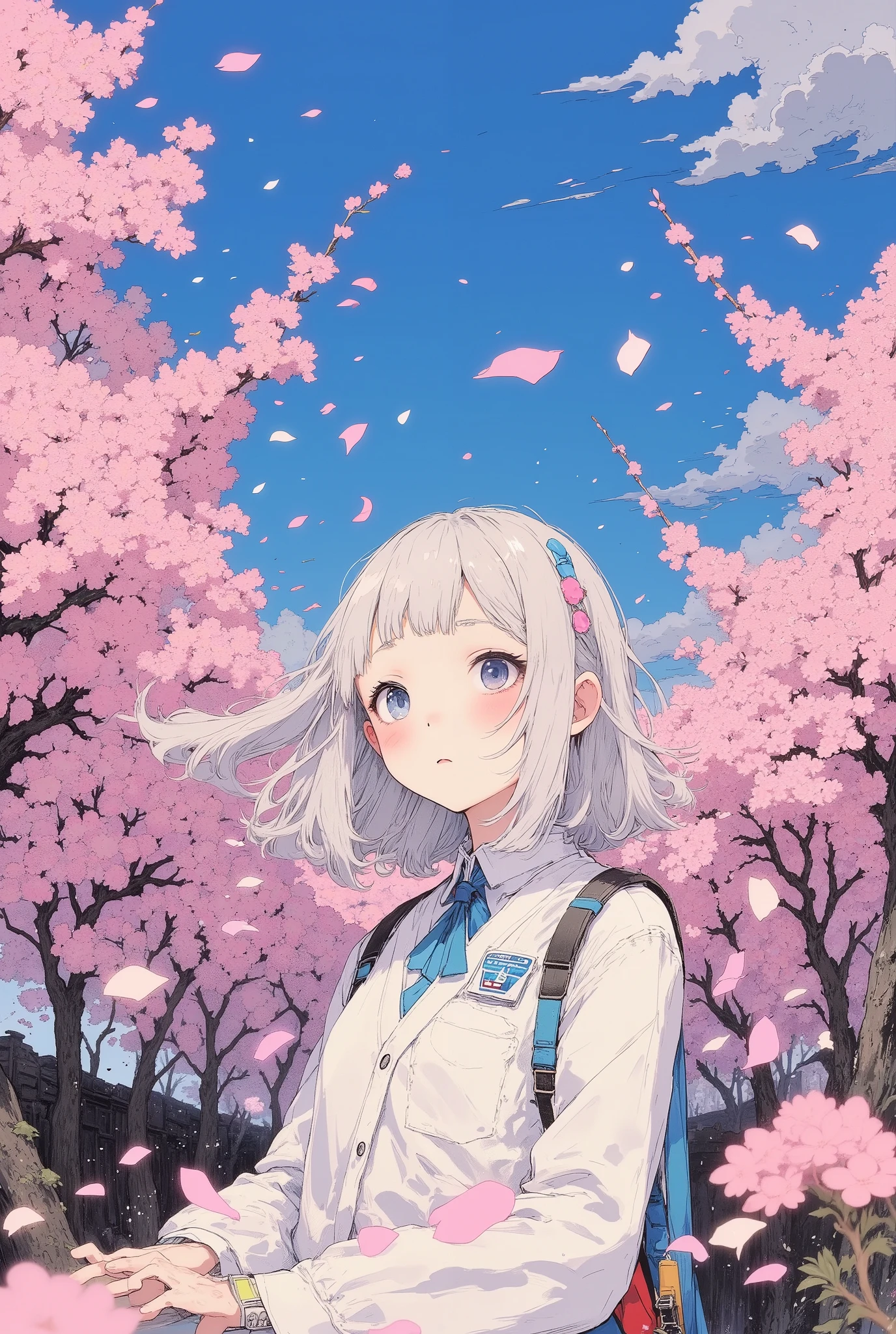 Anime girl with white hair and backpack standing in front of cherry ...