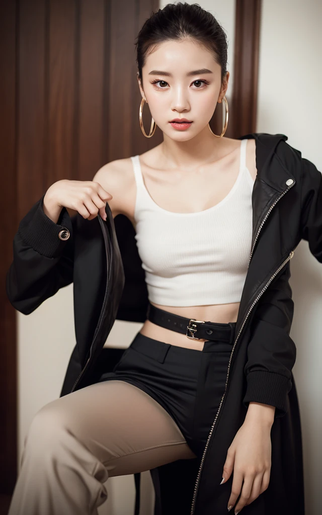 top-quality、超A high resolution、(Photorealsitic:1.4)、(ulzzang-6500:0.4)、Beautie、Korean Idols、18year old、length hair、Light brown hair、Hairstyle with clean waviness、small 、very small breasts、Realistic eyes, Slender narrow eyes、Beautiful eyes、a smile、croptop、Tank tops、Wear a see-through shirt、a miniskirt、In the street、crouching down、slender、A slender、Slender body lines、Shot diagonally from above、Put the headphones around your neck