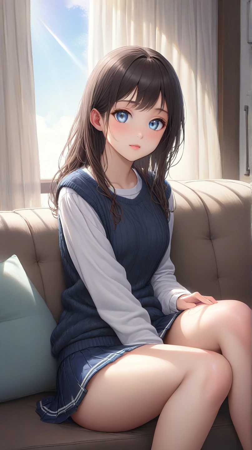 (masterpiece、Highest quality、High resolution、Realistic photo、Real looking skin:1.1)、
(A woman sits on a bed in a bedroom、Crouching、I sleep with my panties on々Showing to:1.8)、
(Her skirt is so short that her panties are visible:1.8)、
(She should have a happy, smiling expression.:1.5)、
(She is wearing a white sleeveless turtleneck sweater.:1.8)、
(She is wearing a grey box pleated skirt.:1.8)、
(She is wearing loose white socks:1.8)、
(The panties are white and patterned:1.5)、
(Brown medium length hair:1.8)、
(My chest is relatively large:1.5)、
(She is the most popular beauty in her grade.:1.5)、
(The place is on the bed in the bedroom:1.5)、
1 Japanese Girl、solo、Full Body Esbian、Beautiful Eyes、Shining Eyes、Shining thighs、NSFW