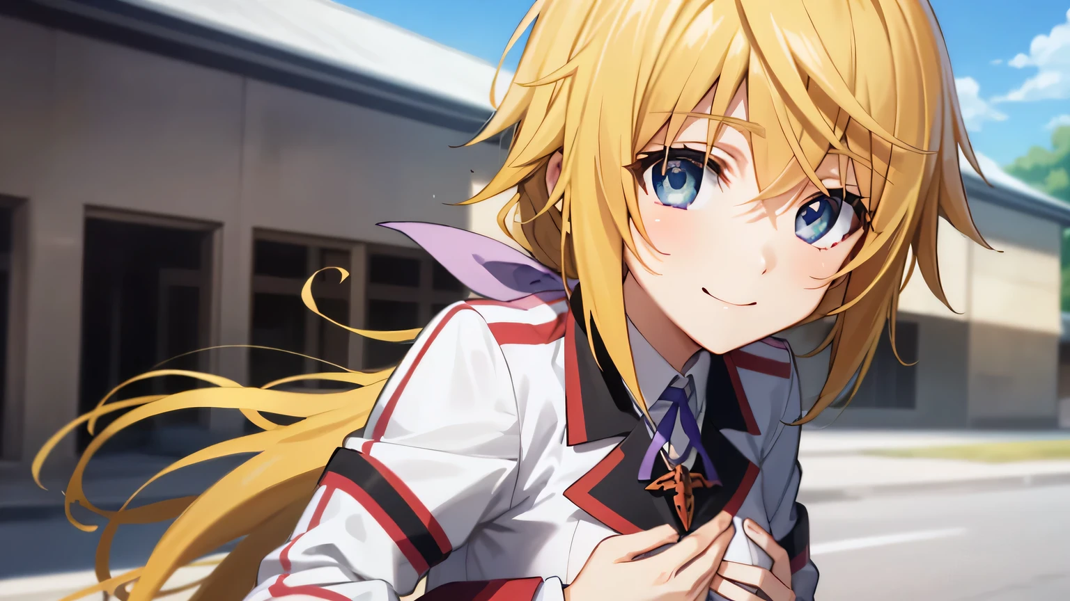 {{{masterpiece}}}, (best quality:1.5), (ultra-detailed:1.5), {illustration}, {{an extremely delicate and beautiful}}, (beautiful detailed eyes:1.6), absurdres, highres, extremely detailed face, 16k, hd, visual anime de uma jovem mulher, extremamente bonito rosto de anime, anime melhor garota, (perfect hands, perfect anatomy), anime face, sd1, charlotte dunois(Infinite Stratos), 1girl, solo, cute face, long hair, blonde hair, pink hair ribbon, hair between eyes, (purple eyes:1.2), ponytail, yellow pendant, medium breasts, BREAK, {school uniform}, military uniform, (white military uniform:1.5), long sleeves, (white sleeves:1.5), blue neck ribbon, white belt, microskirt, white skirt, BREAK, smiling, flushed cheeks, (portrait:1.5), outdoor, Medieval Europe, daytime, building, (covering chest by hand:1.5), own hands clasped, medium close-up shot, isometric drawing