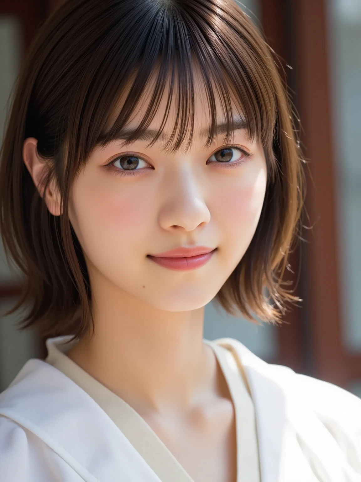 (((No blur、Focus on the eyes:1.1、Extremely detailed:1.22、Ultra-high resolution、masterpiece:1.45、Highest quality)))、顔のUltra-high resolutionクローズアップ、long, straight black hair、So that every single hair is clearly visible、The subtle color changes of hair depending on how the light hits it、 (((The skin is white and smooth、Skin has a natural glow、Fine skin texture、Representing the fine details of pores:1.22)))、Details of the light redness on the forehead and cheeks、Eyes with fine iris details、The eyes depict color gradations and patterns.、Long, natural-looking eyelashes, each and every one visible、Well-groomed eyebrows、眉毛のindivual々The hair is clearly visible、Light reflecting off into the eye、The light in the eyes creates small highlights、The nose is delicate、Fine detail on the nostrils、Lips are plump and naturally pink、Depicts the fine lines and soft curves of the lips、lips are shiny and、The gloss on your lips accentuates their shape.、(((Detailed depiction of lip texture、Particular attention to the depiction of light and shadow、Soft natural light gently illuminates the face from the front、A faint glow on the forehead、A slight shine on the nose、A slight glow on the cheeks、Shadows are cast softly along the contours of the face、Accentuate the sides of your cheekbones、Accentuate the sides of the jawline、Emphasize the sides of the nose、The gloss on her lips reflects the light faintly、Lips emphasize the plump texture、The shadow of the hair gives depth and dimension、indivual々The hair shines in the light、The background is simple and blurred.、Focus on the face