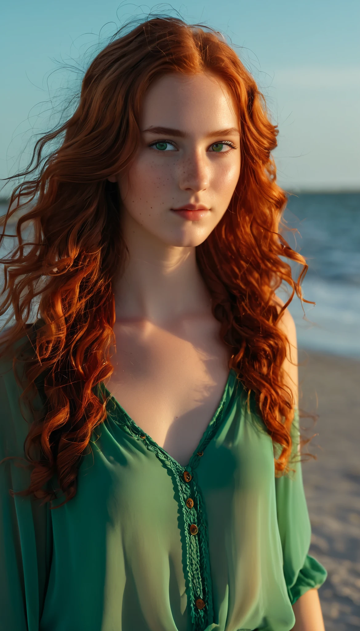 Create realistic 13-years-old ginger girl photos with red hair (freckles), Cute face, Whole body, Slender body, shapely legs, Thin ankles, thin-waist, Green eyes, beach, naked