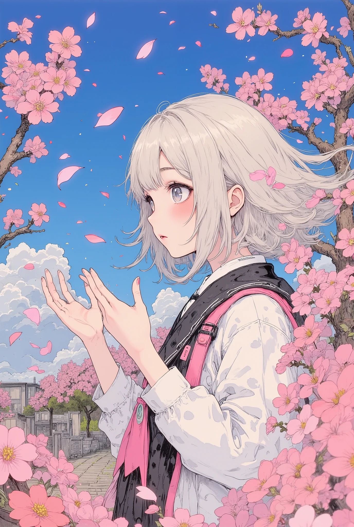 Anime girl with white hair and pink scarf in a field of flowers - SeaArt AI