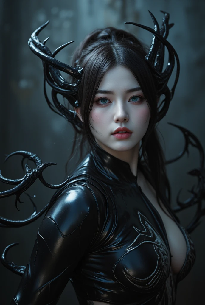 ((masterpiece、highest quality、Super detailed、High resolution、photorealistic、sharp focus、cinematic lighting))、Beautiful female alien from the world of Lovecraft、bust shot、vivid colors、sexy alien、multiple hands、(Lots of blue tentacles)、extraterrestrial creatures、protruding blood vessels、bio image、hair with tentacles、attractive thick eyebrows、 ((big red glowing eyes))、symmetrical eyes、sharp eyes、bright red lips、Smooth limbs、Intimate look、perfect ???????、Beautiful toned body、moist skin、body covered in red mucus、There are scales on the body surface、Glamour、Black dress with a ferocious image、heavy makeup、long fangs、gorgeous face、many entangled tentacles、tattoo、SF、evil aura、H. R.Giger&#39;s influence、cthulhu、fractal、Vivid character、view audience、snake hair、snake eyes