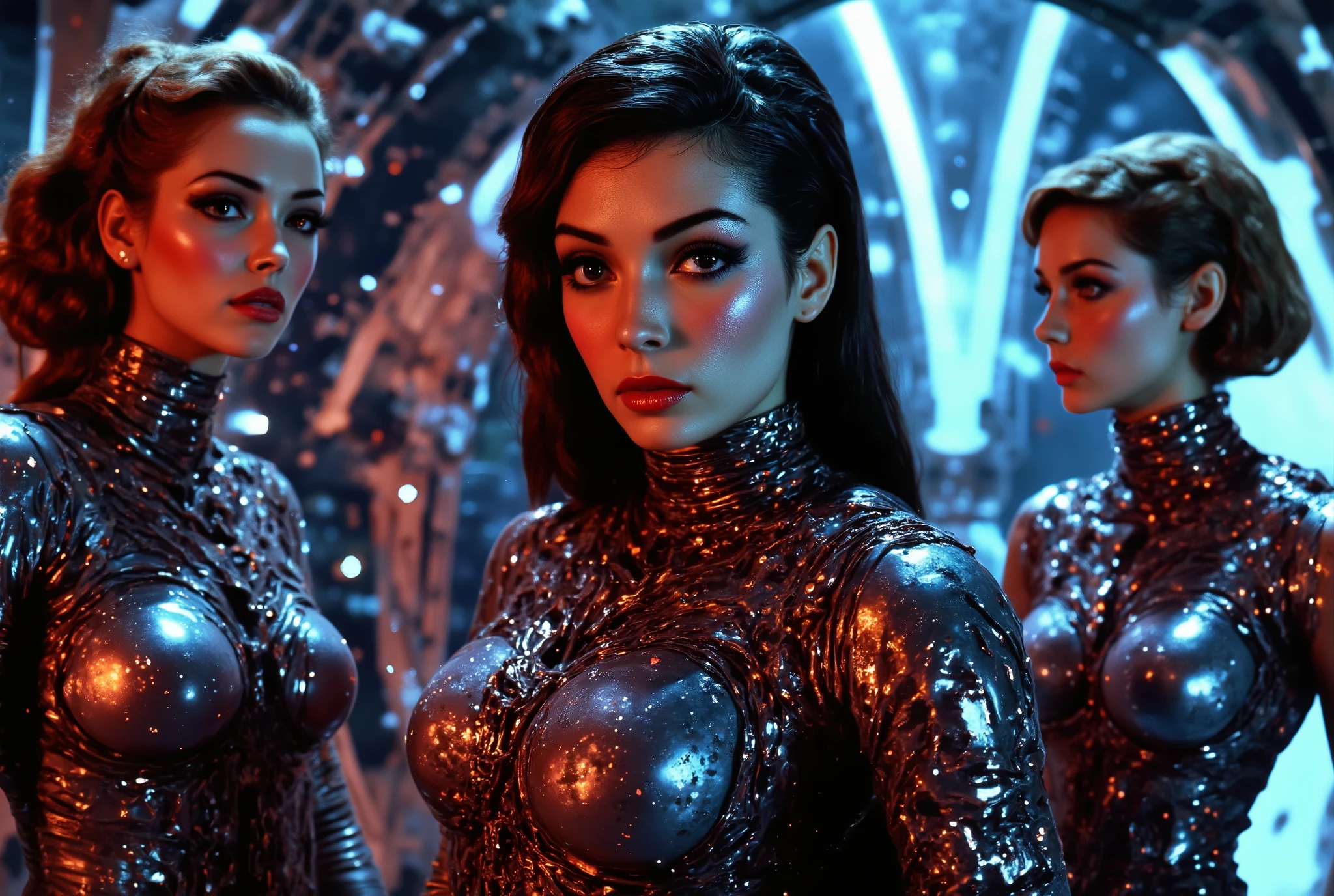 several women in shiny bodysuits are standing in a room, seductive cyberpunk dark fantasy, sci-fi night club, sci fi futuristic costume, cinematic goddess body shot, cyberpunk strip clubs, cybersuits, cyberpunk women, beauty blade runner woman, beautiful cyberpunk woman model, diverse cybersuits, gold sci - fi armour, altered carbon style, cgsociety 8k