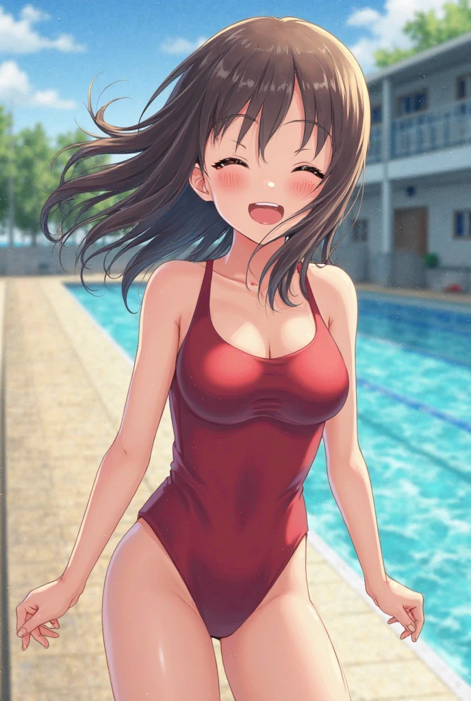 ((Tabletop, Highest quality, High resolution, , Pixel Perfect, 4K,))), 1 female, 、The whole body is visible、 ((Long Wavy Hair, bangs, Brown Hair)), ((Brown eyes, Beautiful eyelashes, Realistic eyes)), ((Detailed face, Blushing:1.2)), ((Smooth texture:0.75, Realistic texture:0.65, Realistic:1.1, Anime CG Style)), Medium sized breasts, Dynamic Angle, Perfect body, (( , , Beautiful swimming trainer、、Black and red swimming wear 、)), 、、Very embarrassing panic smile, 、、、Luxury hotel pool、Sit by the pool、Nipples are visible、、、、、 、Angle from below)、