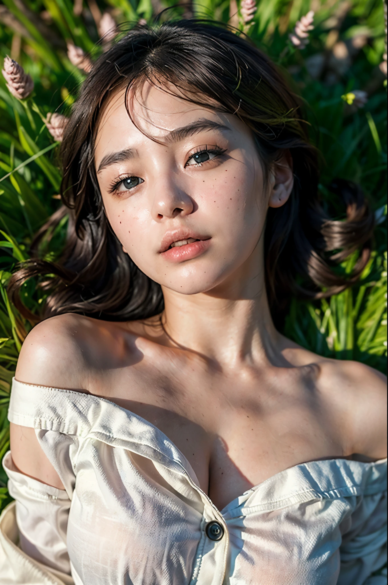 top-quality close-up portrait, movie poster style, ((Beautiful korean girl, wearing thin big sized button pajamas, oversized, longsleeve, cotton, bottomless):1.5), bewitching face, ((idols likeness):1.4), ((beautiful detailed eyes, round big eyes, beautiful detailed lips, sharp nose, extremely detailed face, round face shape, brunette hair, short hair):1.3), ((Elegant looks:1.3)), mesmerizing expression, allure gaze, ((slim body, firm body posture, naturally breast up, soft and fair skin, natural skin tone):1.4), ((attractive girls, sleep pose, lying on the grassfield, head on stone):1.42), (((expose right shoulder):1.5)), Detailed smooth photorealistic, stares at the camera, ((classical bedroom background, dark atmosphere):1.3), ((soft colors, cinematic lighting, photon mapping, intricate details, perfect composition, artistic photograph, 8k, HDR, smooth photorealistic, masterpiece):1.3), ((high angle, seen from over the top):1.2))