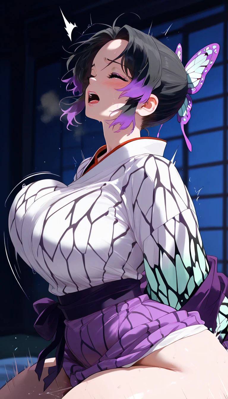 nsfw,1 person,Sweat,White Breath,solo,Demon slayer,Shinobu Kocho,(Cleavage voyeur),sit,room,((Big Breasts)),View from above,