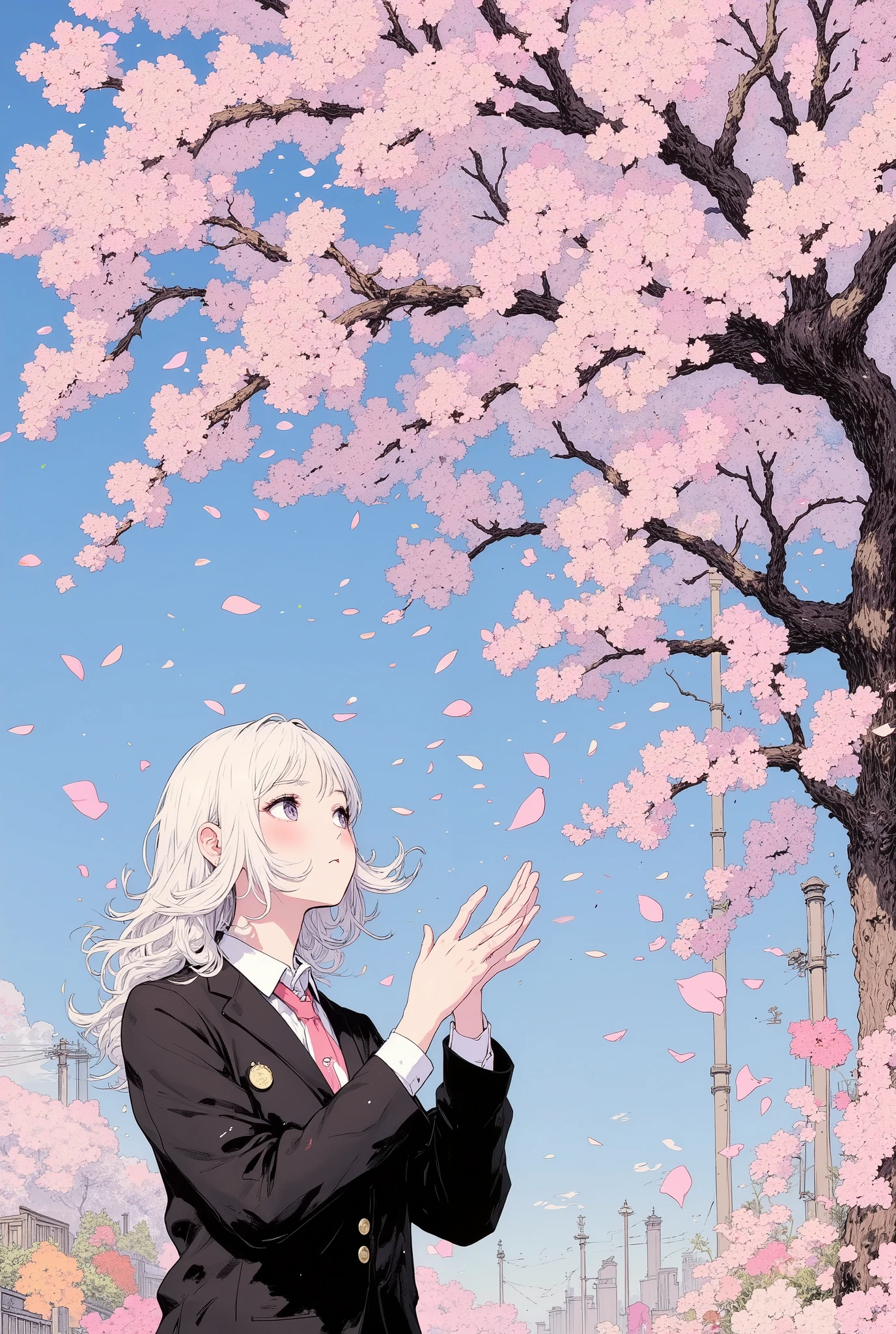 (((Macro))), close up shot : 1.8, profile, (((side view))), from side, (((looking up))), 1 girl, ((catch the cherry blossom petals with both palms)), soft silver medium length hair, beautiful detailed, beautiful hair, ((Pupil details), high school girl, school uniform, blazer, Cherry Blossom Tree-Lined Path, spring, cherry blossom tree, blue sky, (petals:1.3), wind,
high quality, High Definition model, high detail, High contrast, (((The textures are soft))), ((matte and toy-like with a handmade premium look)), (((Tim Burton style))), anime style, simple lines, (intricate details:1.1),