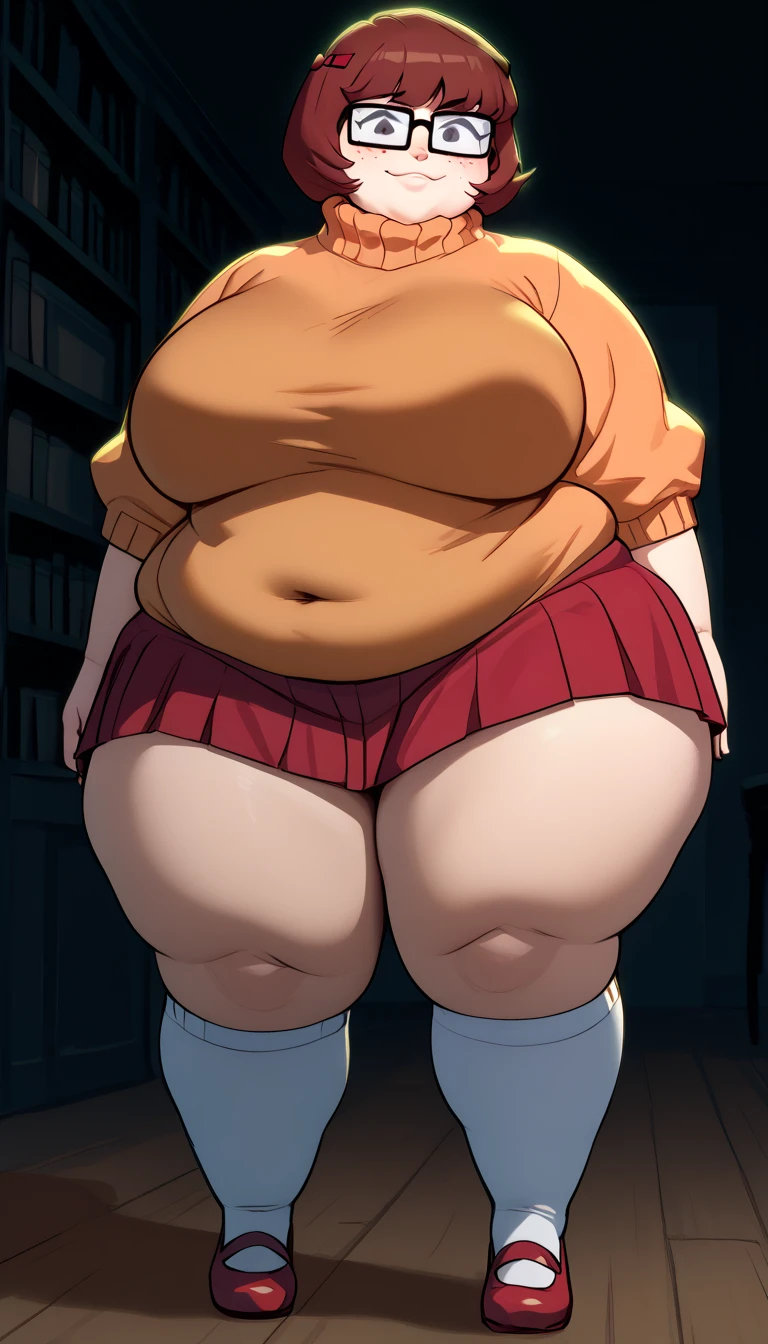 1girl, milf, looking down at viewer, low angle, fat thighs, thick thighs, wide hips, big belly, cruel smile, fluffy sweater, very short pleated skirt, tights, big panties, bully, mean, mocking look, sticking tongue out, one eye closed