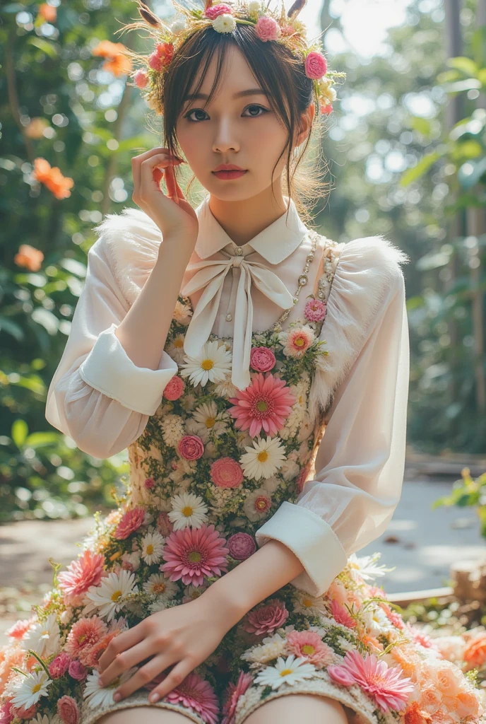 (masterpiece:1.2, best quality, ((contrasting eyes)), detailed, blouse, skirt, sitting, from front, bedroom, indoor)