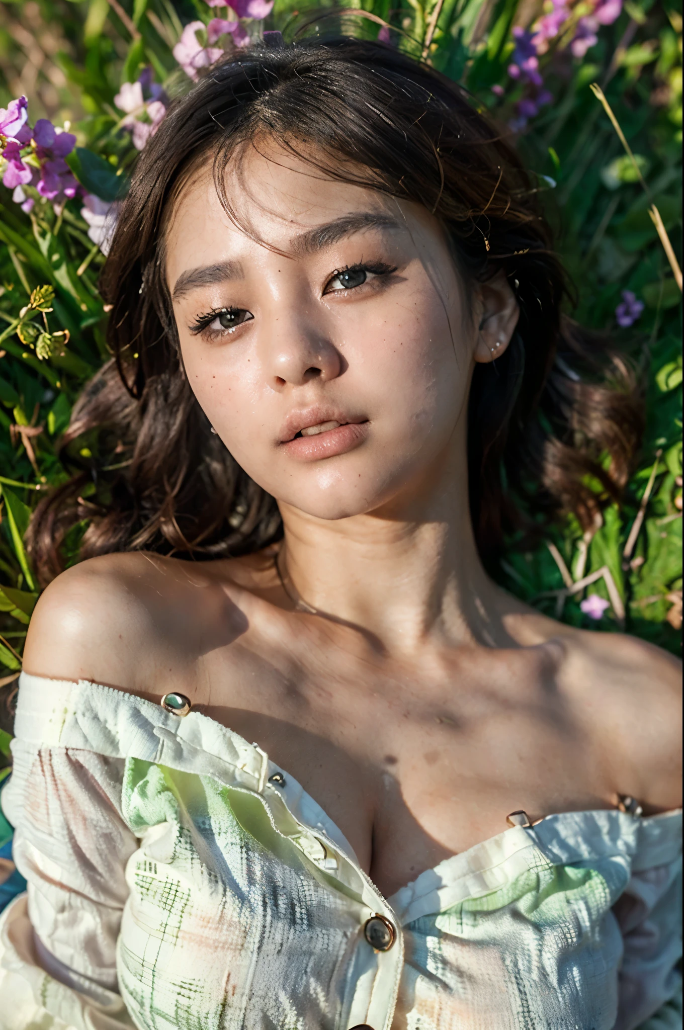 top-quality close-up portrait, movie poster style, ((Beautiful korean girl, wearing thin big sized button pajamas, oversized, longsleeve, cotton, bottomless):1.5), bewitching face, ((idols likeness):1.4), ((beautiful detailed eyes, round big eyes, beautiful detailed lips, sharp nose, extremely detailed face, round face shape, brunette hair, short hair):1.3), ((Elegant looks:1.3)), mesmerizing expression, allure gaze, ((slim body, firm body posture, naturally breast up, soft and fair skin, natural skin tone):1.4), ((attractive girls, sleep pose, lying on the grassfield, head on stone):1.42), (((expose right shoulder):1.5)), Detailed smooth photorealistic, stares at the camera, ((classical bedroom background, dark atmosphere):1.3), ((soft colors, cinematic lighting, photon mapping, intricate details, perfect composition, artistic photograph, 8k, HDR, smooth photorealistic, masterpiece):1.3), ((high angle, seen from over the top):1.2))
