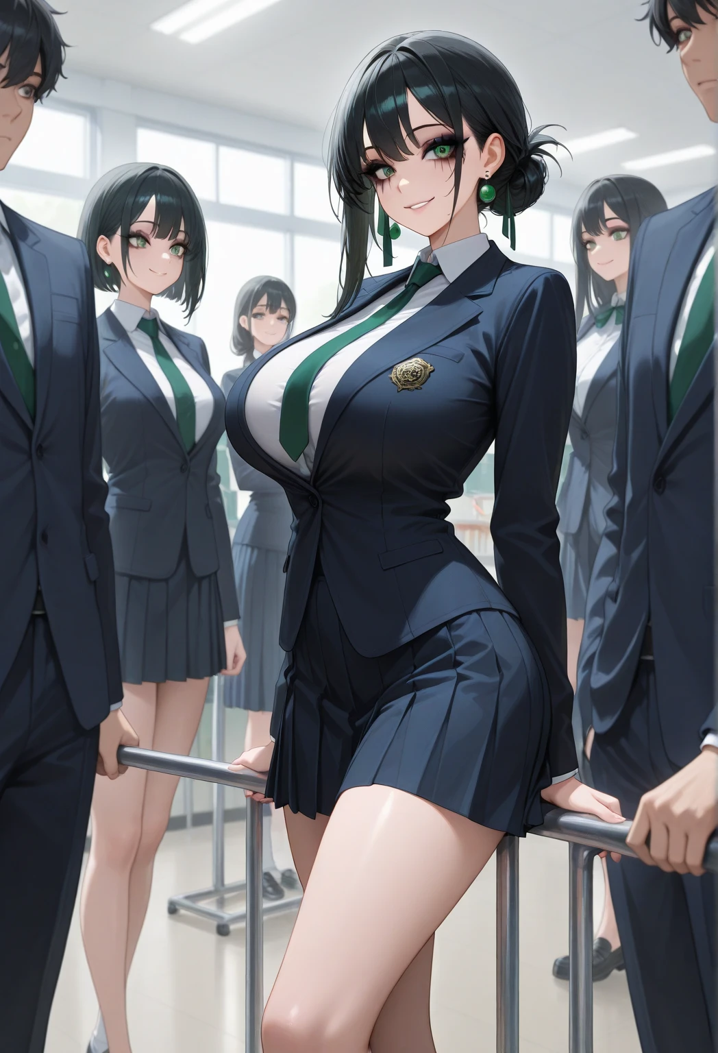 1 girl, anatomically correct, long black hair, beautiful green eyes, choker, ashamed , extremely ashamed, embarrassed, innocent, ashamed, extremely embarrassed, shy, teacher black outfit, black shirt, black skirt, flashing her breasts, flashing her tits, lifting her shirt, huge breasts, naked breasts, enormous breasts, gigantic breasts, sagging breasts, very sagging breasts, huge breasts, wide hips, juicy thighs, embarrassed expression, shy expression, ashamed, looking away, looking away from the viewer, looking towards her left, her head lowered, lowering her head towards her left, ashamed expression, surrounded by classmates, classmates in the background, classmates standing behind her, classmates taking pictures of her, many classmates in the background, classmates behind her, classmates in the background, classmates looking at her, classmates standing, classmates bullying her, classmates filming her, public background, surrounded by classmates, classmates in the background, classmates standing behind her, classmates taking pictures of her, many classmates in the background, classmates behind her, classmates in the background, classmates looking at her, classmates standing, classmates bullying her, classmates filming her, public background, classmates watching her, classmates making filming her, classmates filming her, classmates looking at her, classmates watching her, classmates focus on her, 8k, best quality