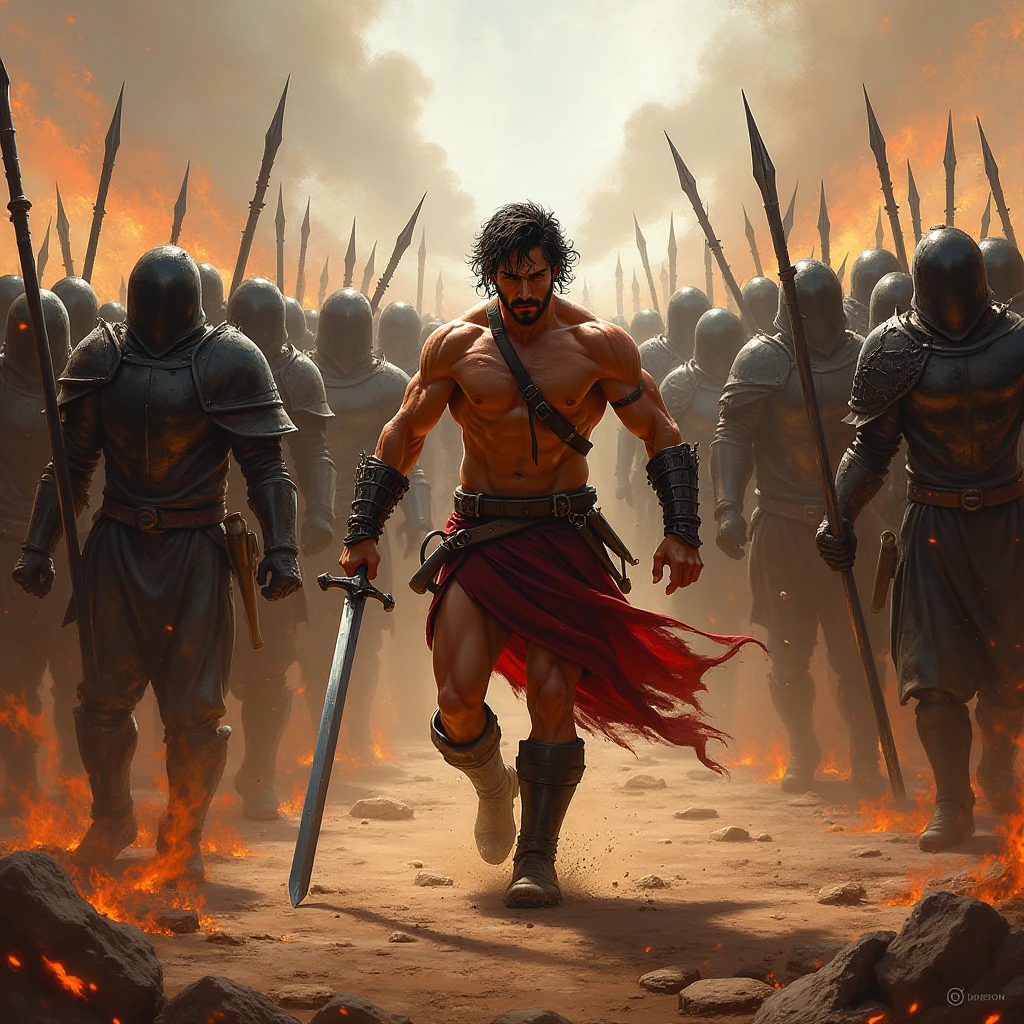 
"While Daniel discusses the name 'Valor,' a flashback sequence unfolds. The image of Valor, a warrior in the midst of battle, emerges prominently in the scene. Valor is shown fighting fiercely, his posture and expression conveying his strength and bravery. This vivid flashback provides a dramatic contrast to the current conversation, highlighting the significance of Valor's legacy."