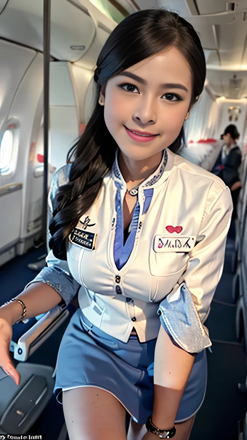 beautiful woman, 28 years、hyperdetailed face、Detailed lips、A detailed eye、double eyelid、(Smiling while walking gracefully down the aisle)、(Stewardess uniform:1.2)、((mini skirt:1.5)) (Glamorous body)、(Colossal )、(large full breasts)(big butts)(Plump body)(plump body shape)( large full breasts)(Colossal )((unbutton))、highs thighs thighs thighs, Perfect fit, Perfect image realism, Background with: (Business Class aisle on airplanes:1.2), Cowboy Shot, Meticulous background, detailed costume, Perfect litthing、Hyper-Realism、(Photorealsitic:1.4)、8K maximum resolution, (masterpiece), ighly detailed, Professional