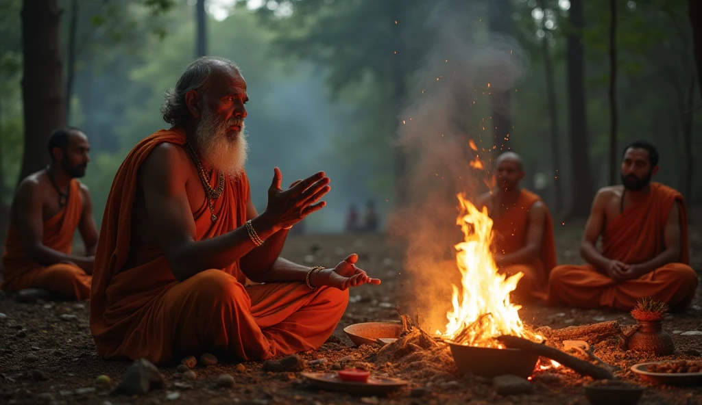 A devoted Indian Sadhu is performing a sacred fire ritual (havan ...
