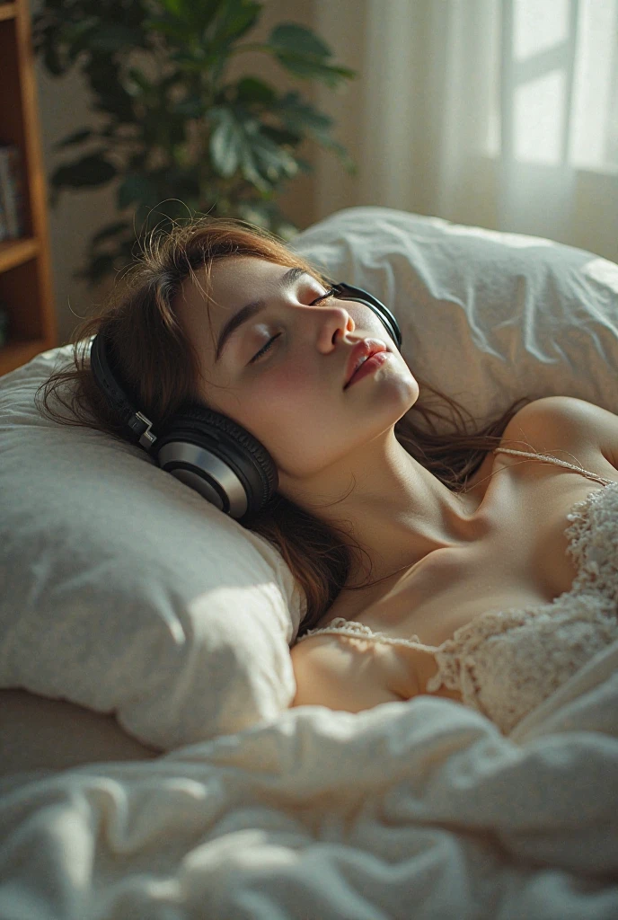 1girl in, 19 years old, Solo, Long hair, Huge, wearing headphones sleeping in bed, blonde hair, Bare shoulders, Brown eyes, jewelry, Full body, necklace, off shoulder, Sweater, Reality, A sexy