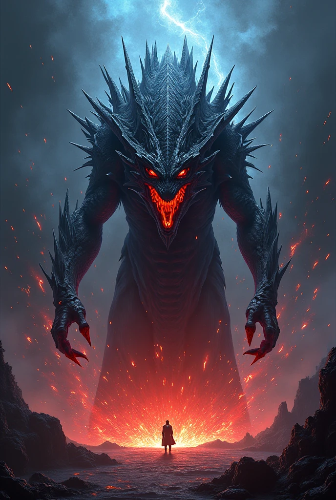 ((best quality)), ((masterpiece)), (detailed), A silhouette of a giant monster made up of writhing worms, with sharp teeth and glowing red eyes.