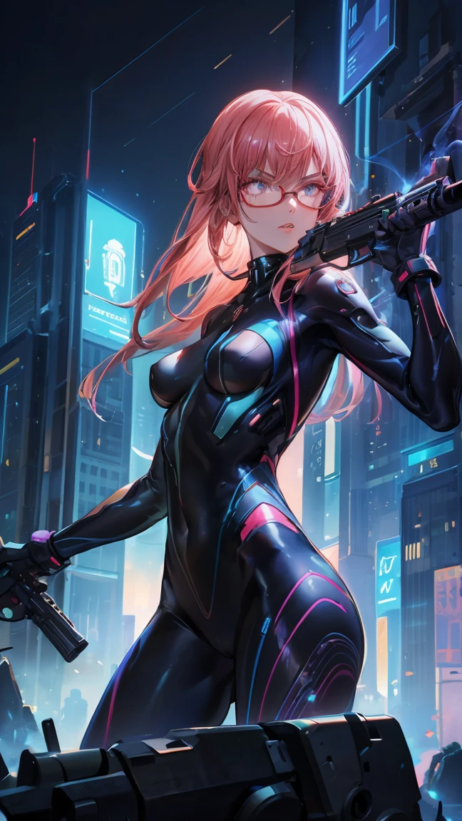 1girl, close-up, intricate details, (cyberpunk:1.4), mechanical arms, glasses, messy hair, (shiny neon armor:1.2), machines, black background, big breasts, pink hair, curvy girl but fit, a gun in her hand, bots, drones, cars