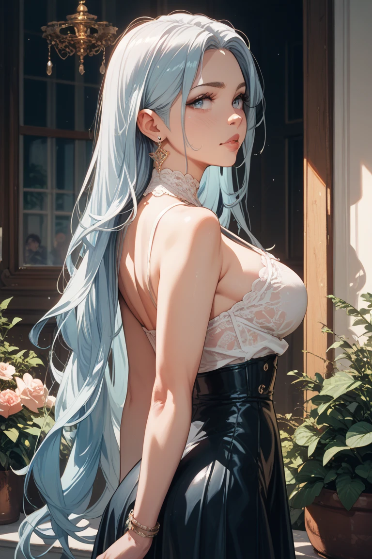 (Masterpiece:1.2, best quality, illustration), mei mei (jujutsu kaisen), braided ponytail covering face, glossy face, (glossy lips), beautiful sparkling eyes, (long eyelashes), detailed face, pale skin colour, *white hair), bangs, slight smirk, ((black lingerie)), sexy attire, japanese temple background, (outdoors), rear view from below, ((beautiful breasts:1.5)), (exposed clevage), curvy body, (highly detailed), (realistic), award-winning, extra details, ((HD, 4K,highres)), (blurred background), shadow effect, sharp focus on face, (leaning forward)