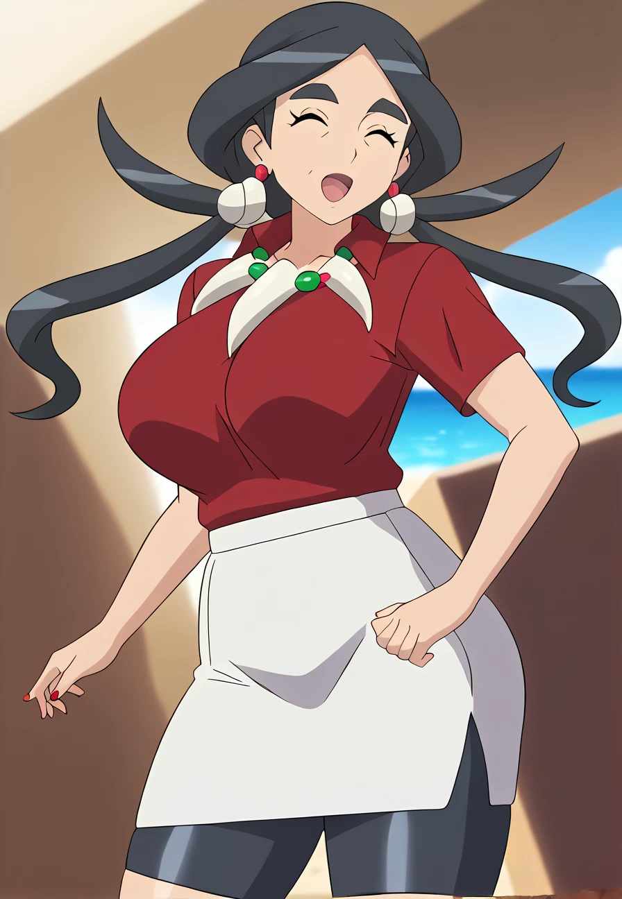 Crossed arm holding her chest with a mischievous smile