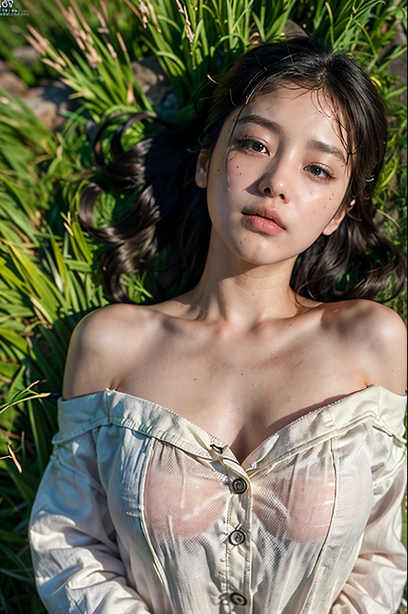 top-quality close-up portrait, movie poster style, ((Beautiful korean girl, wearing thin big sized button pajamas, oversized, longsleeve, cotton, bottomless):1.5), bewitching face, ((idols likeness):1.4), ((beautiful detailed eyes, round big eyes, beautiful detailed lips, sharp nose, extremely detailed face, round face shape, brunette hair, short hair):1.3), ((Elegant looks:1.3)), mesmerizing expression, allure gaze, ((slim body, firm body posture, naturally breast up, soft and fair skin, natural skin tone):1.4), ((attractive girls, sleep pose, lying on the grassfield, head on stone):1.42), (((expose right shoulder):1.5)), Detailed smooth photorealistic, stares at the camera, ((classical bedroom background, dark atmosphere):1.3), ((soft colors, cinematic lighting, photon mapping, intricate details, perfect composition, artistic photograph, 8k, HDR, smooth photorealistic, masterpiece):1.3), ((high angle, seen from over the top):1.2))