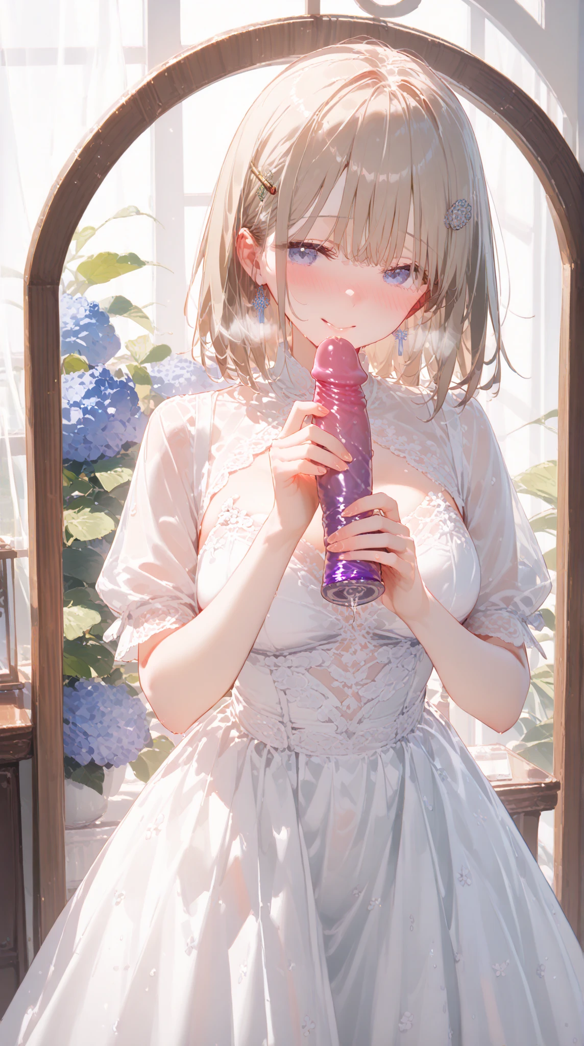masterpiece, ultra-detailed, best quality, extremely detailed 1girl,24yo, beautiful girl,BREAK,(blush:1.5),(Cleavage,Ahegao:1.6),BREAK,(vaginal dildo insertion,She inserts and removes the dildo:1.6),(white translucent dress:1.5),(wet see-through:1.4),