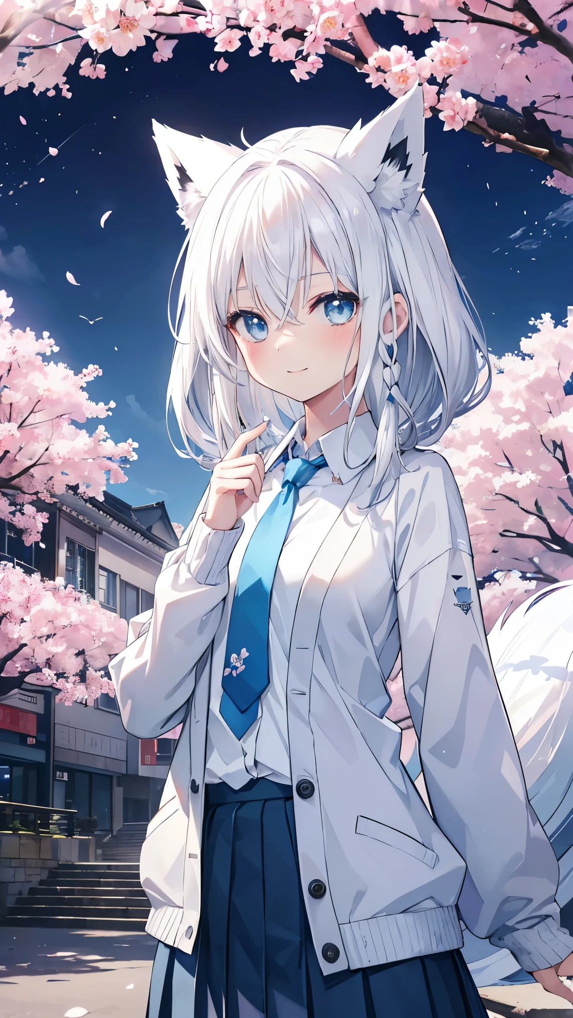 top quality、、(Whitening skin,)、 Silver Hair、light blue eyes,Petite、slender、(,school uniform,shirt,tie,pleated skirt,Cardigan,,),cherry blossoms,smile, fox ears,Fox Tail,,toned body,