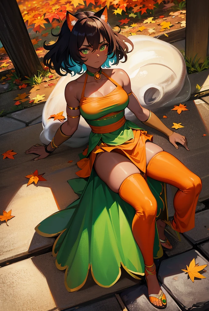 Green: 1.5, Orange: 1.1, White: 1.3, Yellow: 1.3, (Dark-skinned woman), is sitting on a rock,Sexy, Tattoos, (power puffer clothes: 1.2), ,Prom Dresses,Flowers, Leaves, Mist, Lines, background circles