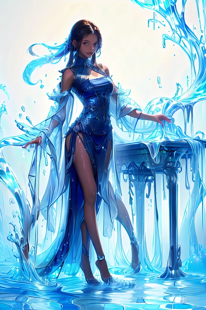 ((aeolian)), 1 girl covered in lots of cum, beautiful face, Princess, wearing transparent blue dress with no underwear, full body view, very long black hair, no underwear, slim body, long legs, wearing high heels, shiny skin