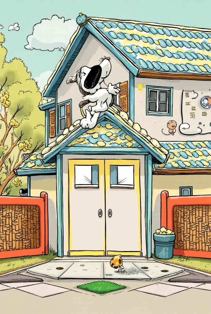 A playing with a white cat with yellow spots next to a house made of homemade and recyclable materials that the boy made for the cat and the boy in a black sweater