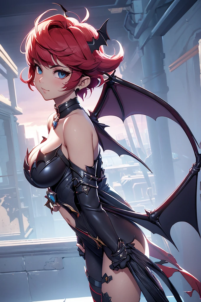 Chica, 18 years , pechos grandes, muslos, pelo oscuro y largo, ojos rojos, cuernos de dragon, dragon tail and dragon wings