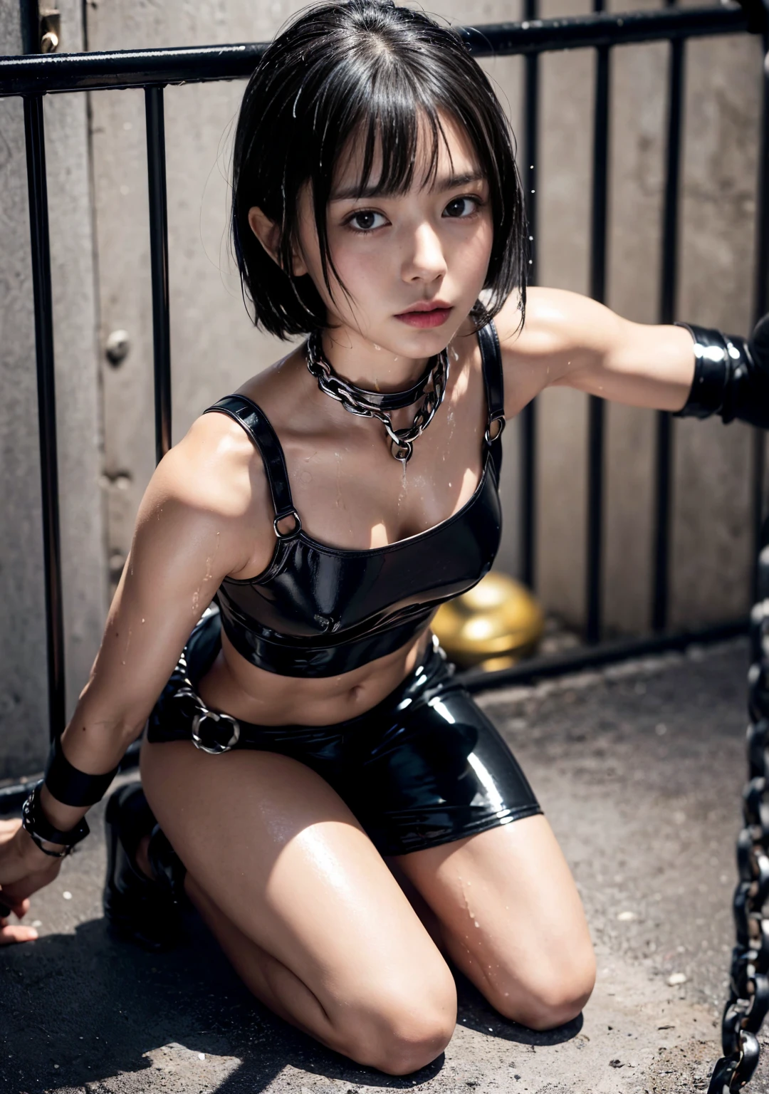 (8k、Highest quality、masterpiece:1.2)、(Realism、Photorealistic:1.37)、Ultra high definition、Beautiful Ninja Girl、short hair、Black Crop Top Leather Armor、Tea belt、Thigh Sheath、Japanese sword、Leather handbags、Black Mini Leather Skirt、Black above-the-knee flat boots、Tight leather suit、Leather texture、Full body photo、Spread your legs、The background is a prison、Hands clasped behind head、Surrounded by tentacles、The body is connected by many tentacles.,、Hands bound by tentacles、The legs are tied with tentacles、Tentacles groping the whole body、Kneel、Kneel weakly、Light Skin、(((pain、Expression of pain、suffering、suffering、Panic look、Open your mouth and scream、Annoyed expression、彼の顔にはAnnoyed expressionが浮かんでいた、Get help)))、