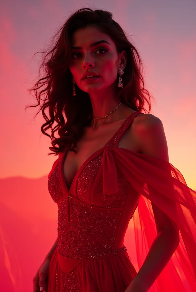 Woman, 30 years old, brown hair ombre. long, wavy hair. Topmodel face. wears a sequined dress with puffed sleeves with iridescent holographic details in rose gold, background --AR 2:3 --V 6.0. Hyper realistic, in a photo shoot, without defects. Radiant beauty, boss woman, rich in details with glitter, boss photo poses style

((artwork, highest quality, highest image quality, high resolution, photorealistic, raw photo, 8K)), ((Extremely detailed 8k unified CG wallpaper)), (huge stunning goddess photo, very elegant and sexy, jaw-dropping beauty, perfect proportions, beautiful body, Slim Body Beauty:1.4), Top model walking on the runway in a dress with phoenix motifs,  flame dress, arms outstretched as if spreading wings, thin and light transparent dress with flickering flames, full body shot,