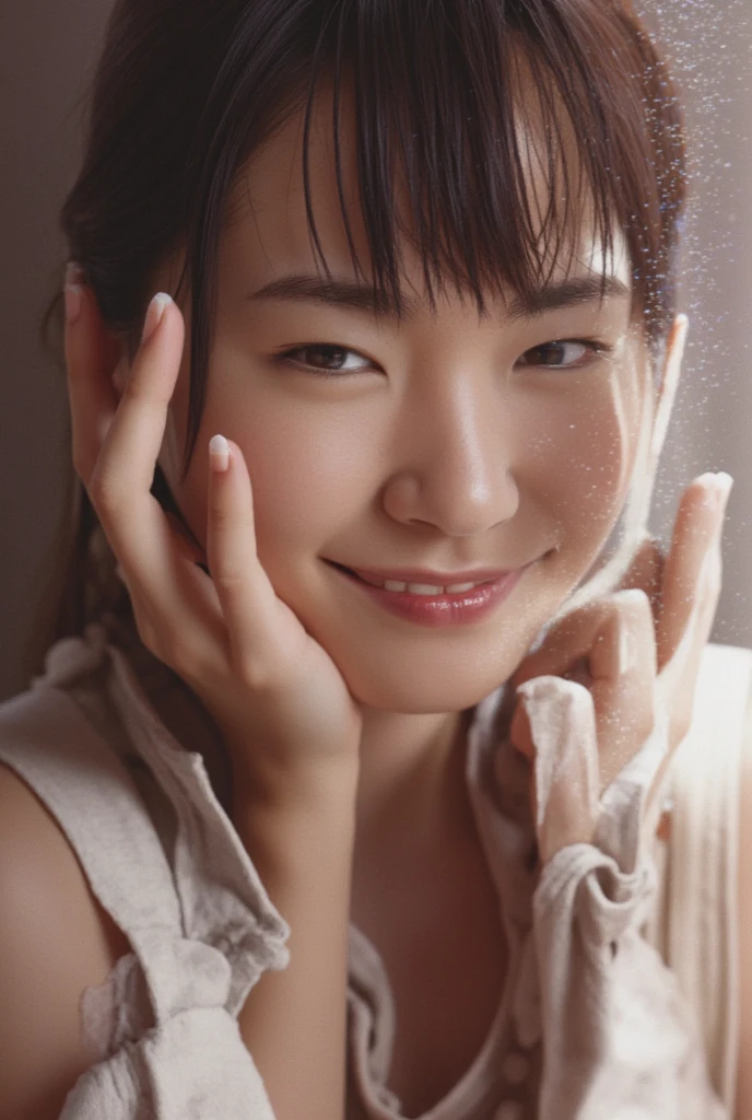 (((Top-down configuration:1.33)))、((Putting on makeup:1.55))、One Girl、Beautiful and detailed eyes and face、barefoot、20 year old cute Japan woman, ((Extremely precise and accurate anatomy:1.0)), (photo Realistic:1.4), (hyper Realistic:1.4), (最高品質のRealisticな肌の質感:1.4), (Improvement of quality:1.4), (Enhances the beauty of skin texture:1.1), Clean and glowing skin, mesh, thin:1.2, (Realistic:1.3), Realisticなライティング, (Smoother lighting:1.05), (Improving the quality of cinema lighting:0.9), Backlight, A gentle light on your face, Ray Tracing, (Bright light:1.2), 32k, One Japanese woman, fine grain, Detailed face, (Film Grain:1.1),(Accentuates body lines:1.1), High resolution, Natural look, Kind eyes, Improves hair quality, Delicate light and shadow, Transparent muscles, Graceful pose, Beautiful Eyes, Sharp details, Soft light reflection, Beautiful contours, Delicate skin tone, Fine hair texture, Natural background, (((sunny day、Beach、A strong wind is blowing、Her hair is flying、Scooping seawater with hands:1.25、splash、Sandy Beach、Light of the sun、clear blue sea、The waves crash quietly、Blue sky and white clouds、green mountain々、Beautiful Nature、The joys of youth)))、
