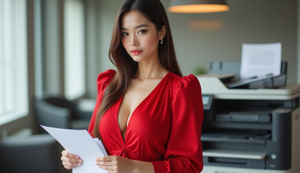 Background in the office，looking at viewert，depth of fields，Bokeh，The light drops，
1 girl in a deep V office outfit，red blouse，a black skirt，with brown eye，photography of，(full bodyesbian), tmasterpiece， best qualtiy， A high resolution， realistic detail， Glowing skin， Mature figure， Voluptious body， crisp breasts, rich colourful，  hyper realisitc， dynamicposes， dynamic angle，k hd，