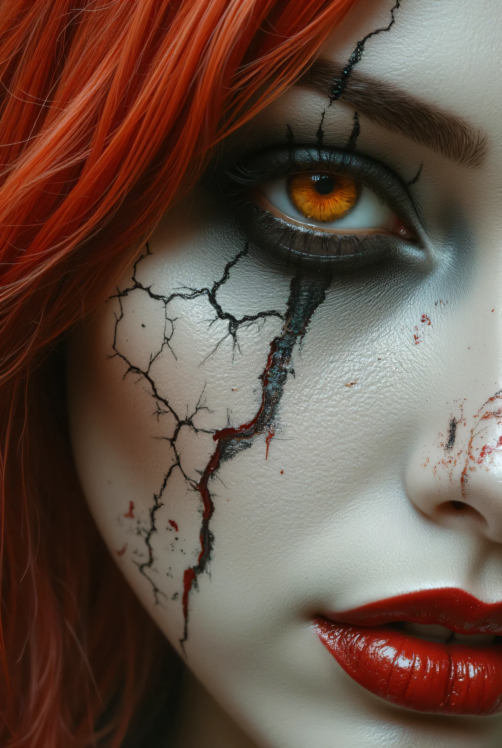 A hyperrealistic, close-up photograph of a woman’s face, focusing on the right side. Her striking red hair partially obscures her left eye, adding drama. Her pale, smooth skin contrasts with a cracked, paint-like texture resembling peeling paint, evoking decay. The vivid orange of her eye is accentuated by dark, smoky eyeliner and mascara, creating an intense gaze. Her full lips are painted deep red, standing out against the distressed background of black, white, and red, with the red resembling a bleeding wound. The image contrasts beauty and decay, with meticulous attention to detail in her makeup and the cracked textures.