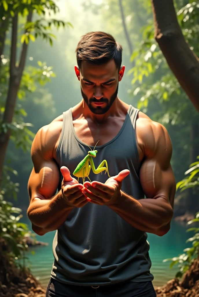 Man in his 20s tall, has a defined body, has reddish brown skin in a cinnamon tone, dark and very short curly hair, eyes in a shade between yellow and green, strong jawline, big round eyes, a small scar on one of the eyebrows, straight and thin nose, full lips with a well-defined cupid&#39;s bow and a dimple on the chin.