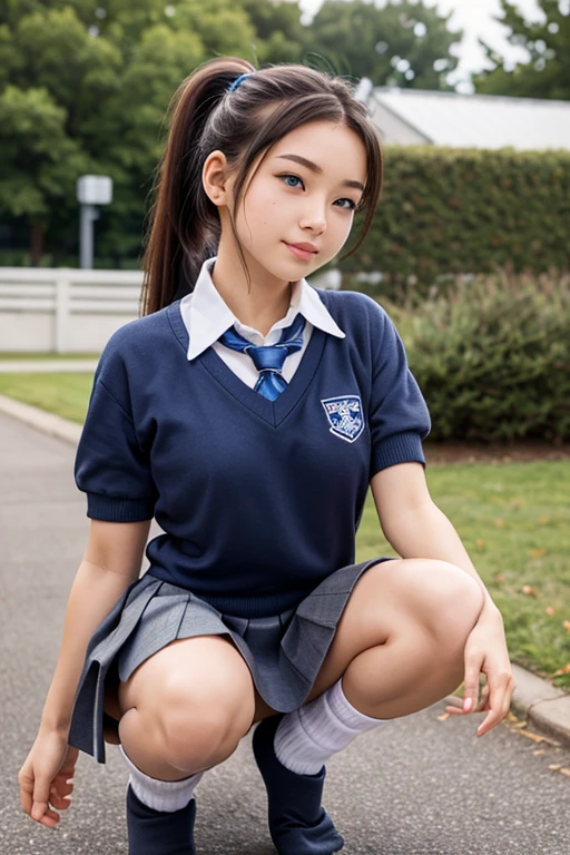(1 girl), Amazing face and eyes, (big eyes:1.15), (หน้าสวยVery detailed), happy smile, (School uniform, pleated mini skirt:1.3), (School uniform with open breasts), (best quality:1.4), (Very detailed), (ultra realistic, Realistic photos:1.37), Leaves skin beautiful and clear, วอลล์เปเปอร์ CG รวม 8K ที่มีรายVery detailed, RAW photos, professional photography, movie light, sit, ม้าsit, Spread your legs, (no panties:1.2), (Cleft of Venus:1.3), Twilight, sunset, garden, tree, flower, depth of field, 