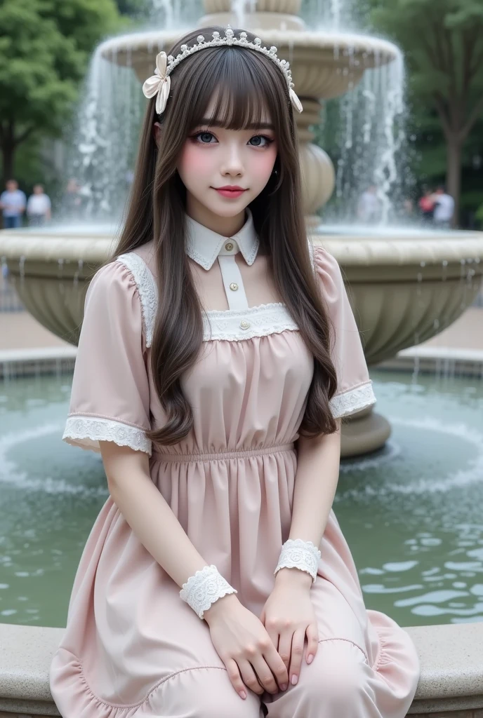 best quality, masterpiece, lifelike, 1 girl, alone, eternal, black hair, long curly hair, blunt bangs, Smile, pink skirt, pink lolita dress, layered skirt, Lolita style long skirt,Layered dress lace-trimmed skirt, decorate, lace, long sleeve, puff sleeves, wide sleeves, Transparent sleeves, hair accessories, In the flower garden, flower, Detailed background, delicate face,pink blush,white,knee socks, Pink shoes,tutu,Lots of lace,((masterpiece))、(top quality)、8K、high detail、Super detailed、 night、21 year old woman,pink lolita dress((dreamy atmosphere:1.1))、Seductive and whimsical style、masterpiece、born、Scenes resembling fairy tale illustrations、Intricate details showcase the ruffles and intricate design of the Lolita dress、Beautifully、magic、capricious、 Beautifully、dream aesthetics、「𝓡𝓸𝓶𝓪𝓷𝓽𝓲𝓬、ethereal、charming、fickle、magic」、Realism、Visual effects、wearing red backpack、(backpack:1.2)、high resolution、ultra high definition、megapixel、(8K resolution:1.10)、8K、8K less、8K resolution、high detail、intricate details、A look of surprise and awe on her face、 (high quality:1.2、masterpiece:1.2、:1.21)、(21 year old female:1.21)、(smile excitedly)、(Surrounded by the dreamy atmosphere of an amusement park)、pink lolita dress、Her eyes were full of surprise and joy、Shooting at many geeks、、High heel、slime、A slender one、standing at outdoor, full body