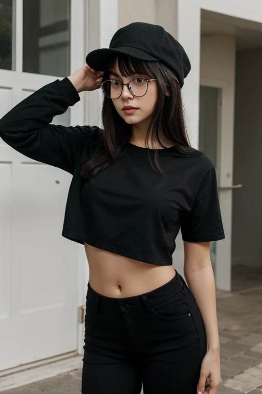 a cute tan chinese girl wearing glasses, jeans pants, white crop top, beautiful detailed eyes, beautiful detailed lips, extremely detailed face, long eyelashes, photorealistic, 8k, ultra-detailed, physically-based rendering, vivid colors, professional photography, high quality, masterpiece, photo-realistic, sharp focus, HDR