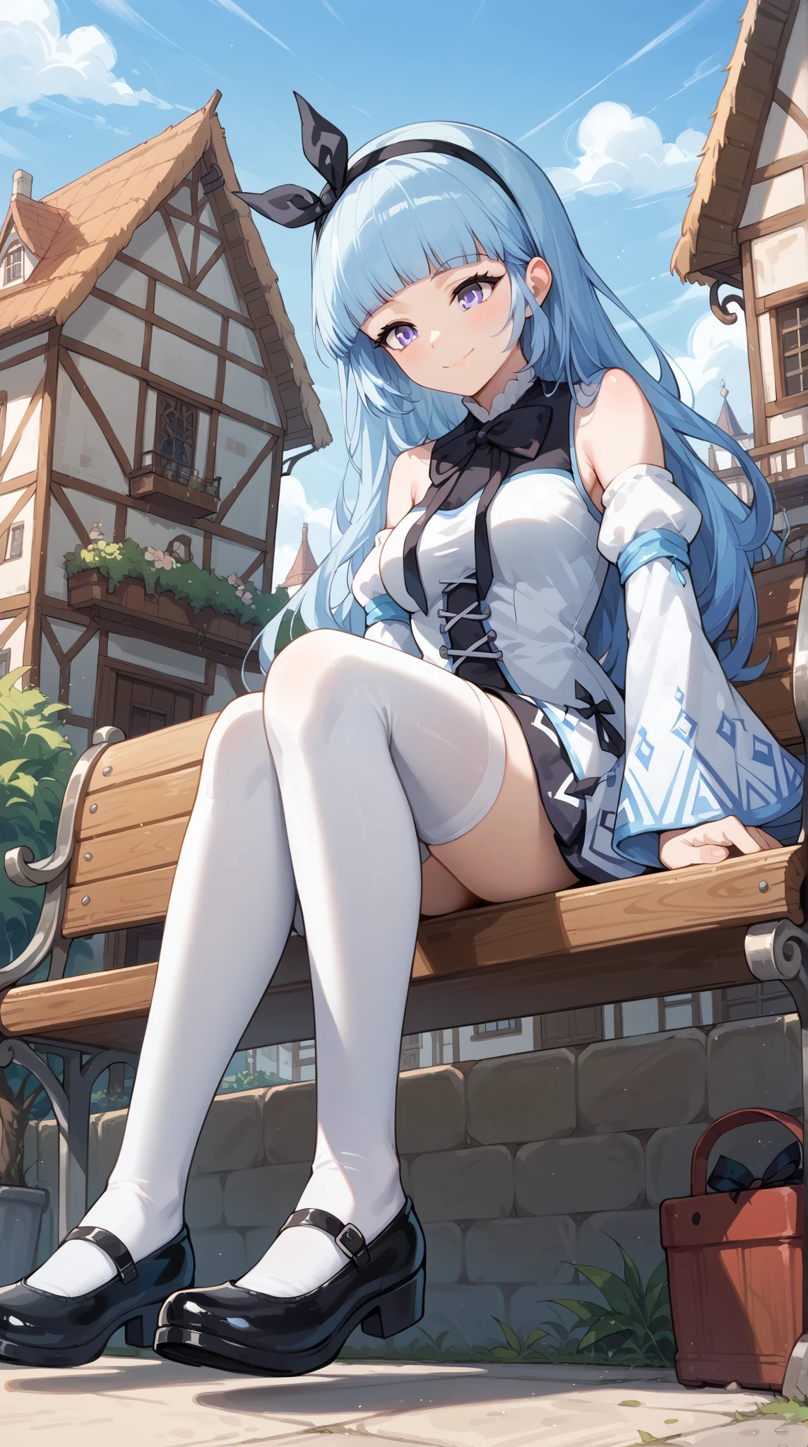 , masterpiece, Highest Quality, Highest Resolution, perfect background, perfect perspective, sharp image, perfect details, perfect lighting, perfect shadows, Perfect lighting, Best background, 1girl, AG Nio, blue hair, blue eyes, large breasts, bangs, white thighs highs, long sleeves,white pointed hat, navel, cleavage, white jacket, open clothes, sleeveless, puffy sleeves, off shoulder, stomach, while high heel boots, leotard, clothing cutout, sitting on side of the road, bench,